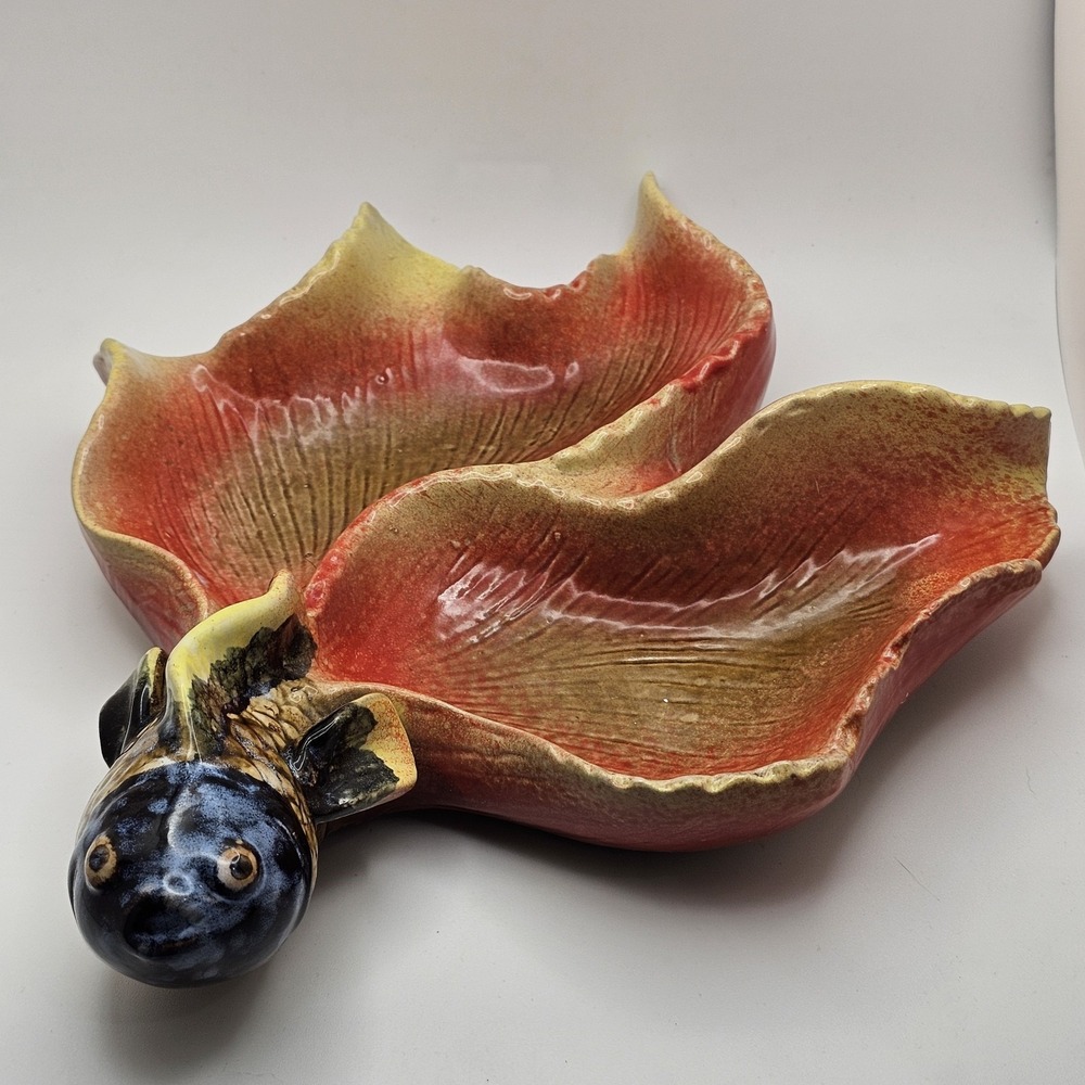 MCM Vintage Kiln Porcelain Butterfly Koi Fish Art Pottery Ashtray Dish